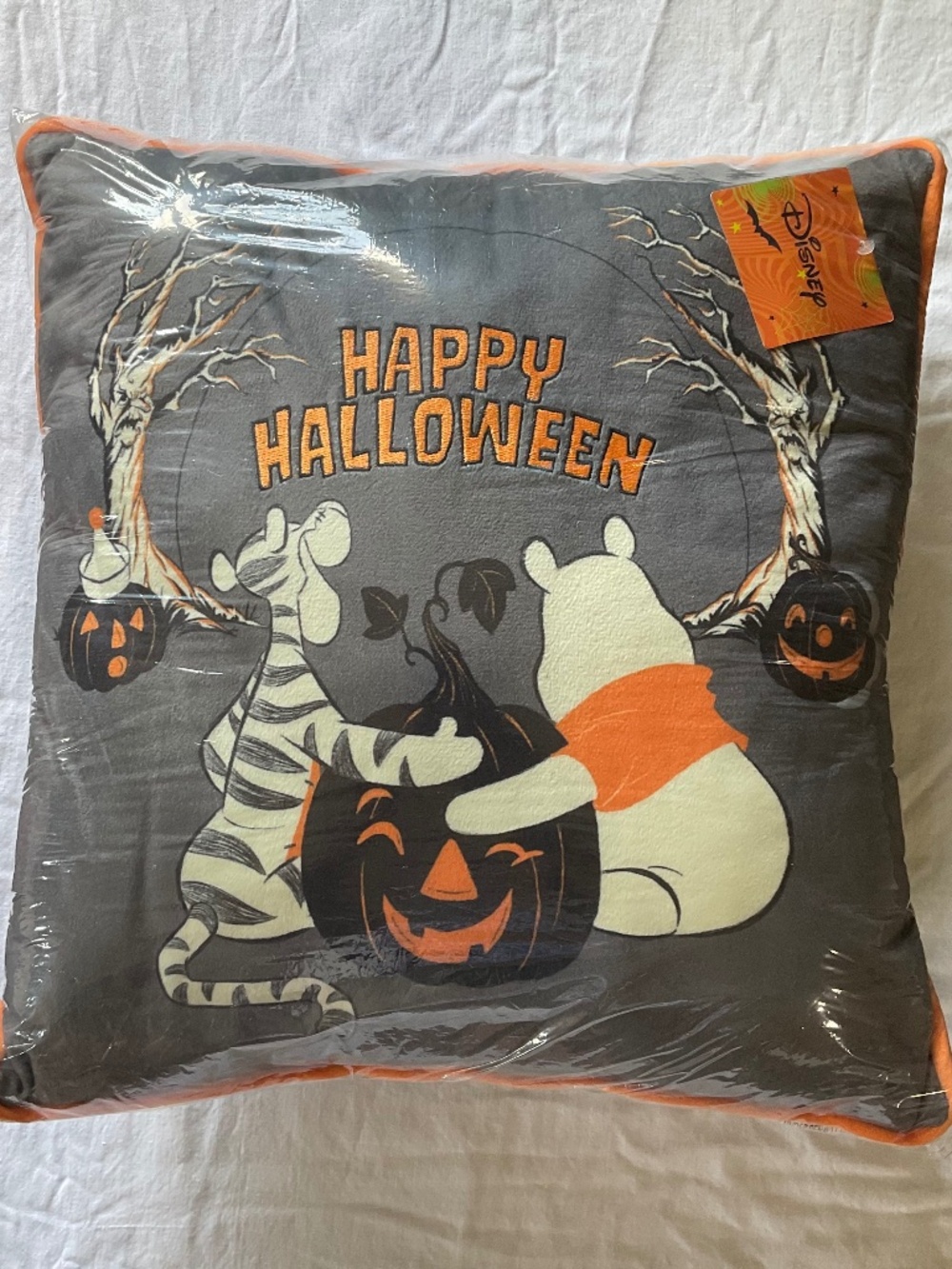 Disney Halloween 2026 Throw Pillow Pooh Tigger Pumpkins Woods Orange Gray (ALDI)